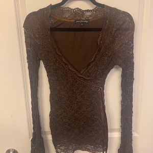 Brown lace low cut long sleeve top with ribbon
